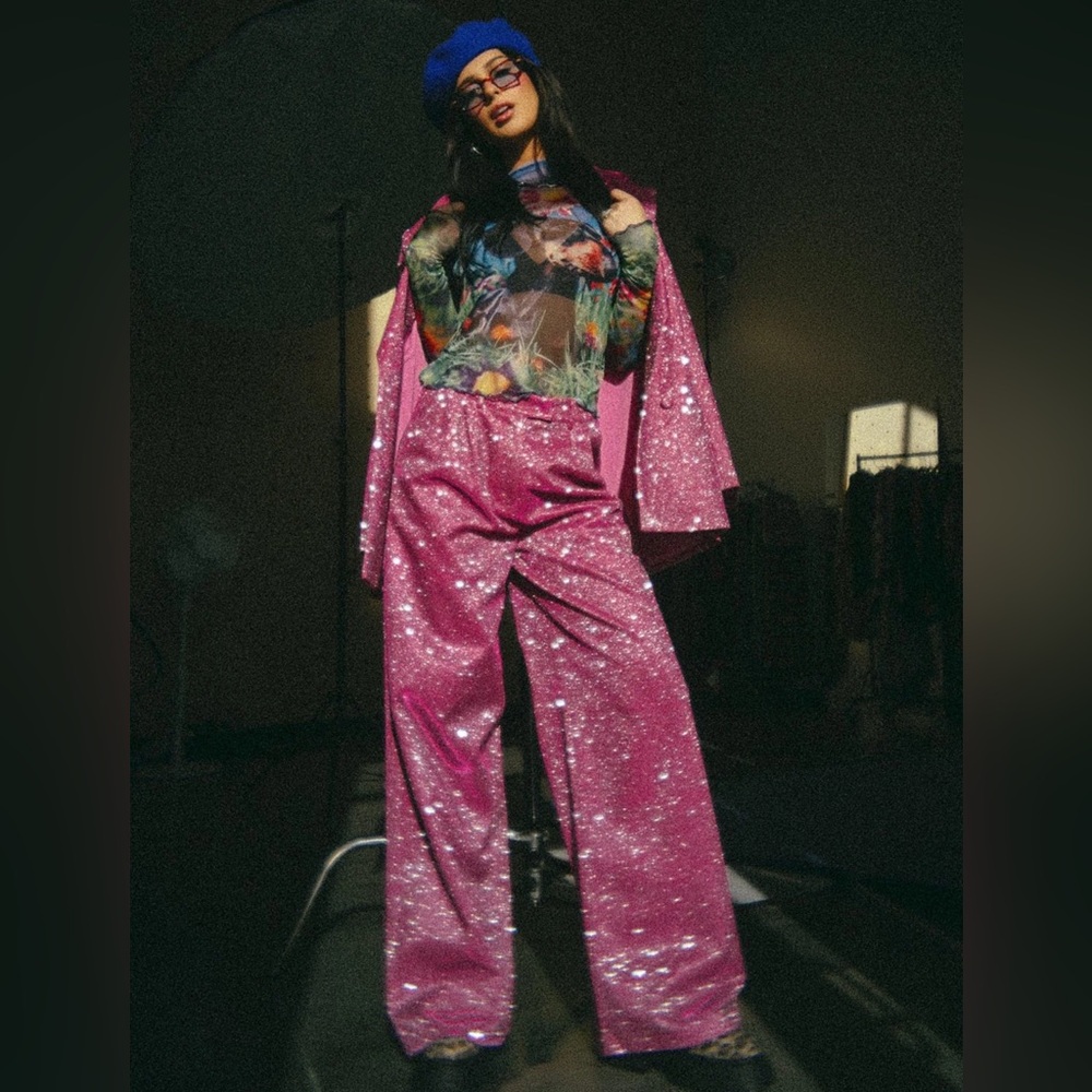 Dressed in LALA To The Disco Sparkle Wide Leg Trouser in Pink